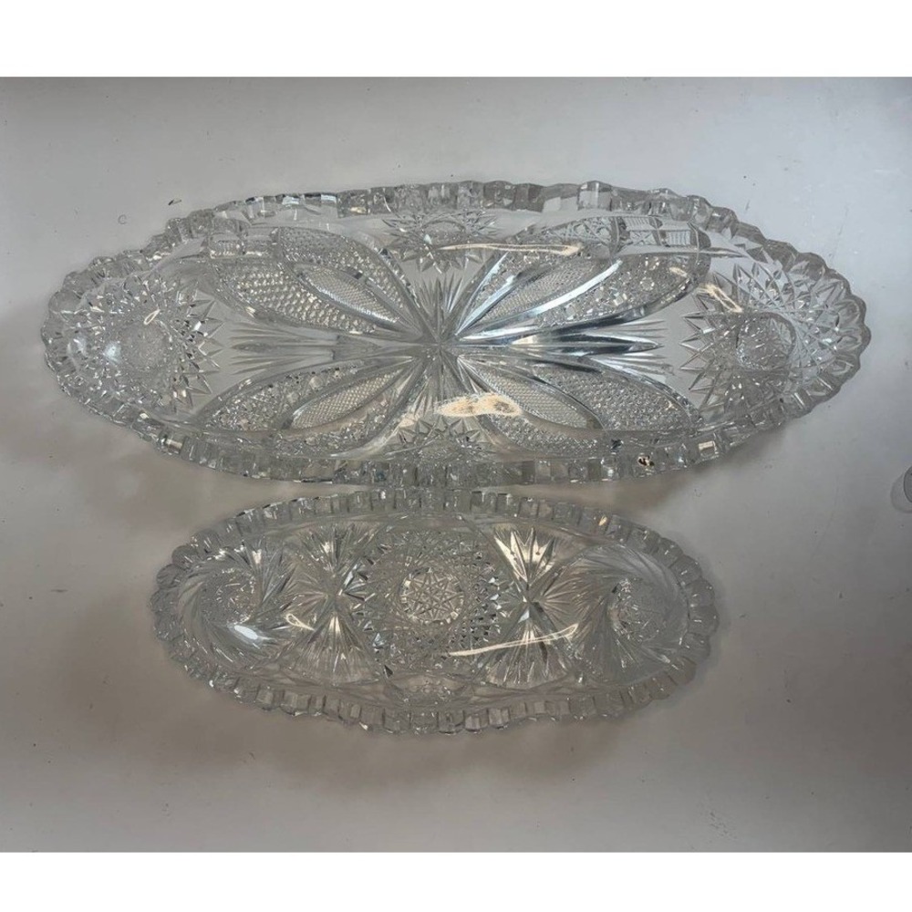 Vintage Cut Glass Relish Tray Set 2pc Crystal Starburst Sawtooth Oval‎ Dishes
